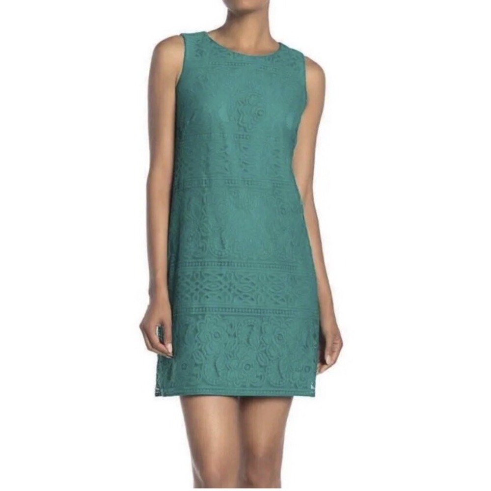 Eliza J Dress 8 Green Lace Overlay Lined Shift Floral Sleeveless Back Zip
